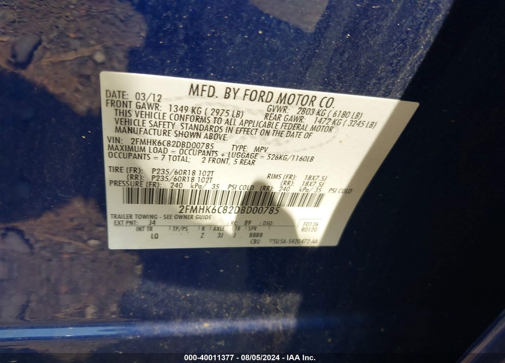 2013 FORD FLEX SEL VIN: 2FMHK6C82DBD00785