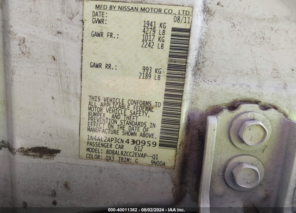 2012 NISSAN ALTIMA 2.5 S VIN: 1N4AL2AP3CN430959