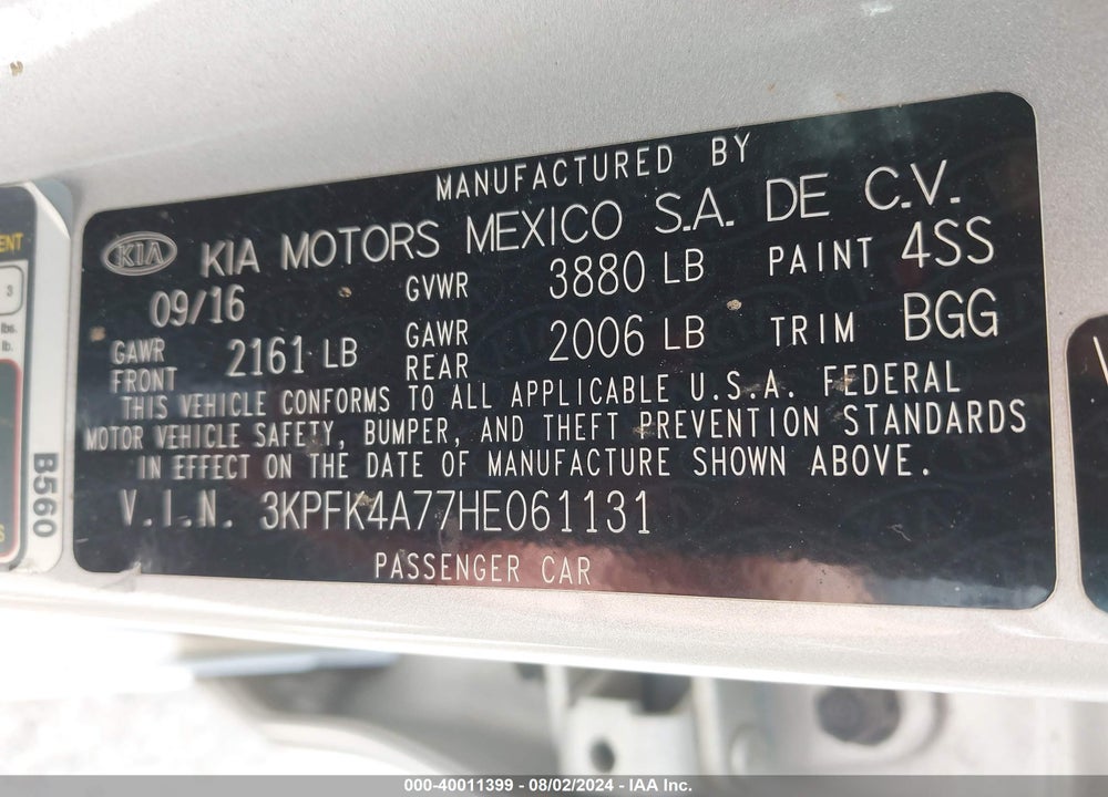 2017 KIA FORTE LX VIN: 3KPFK4A77HE061131