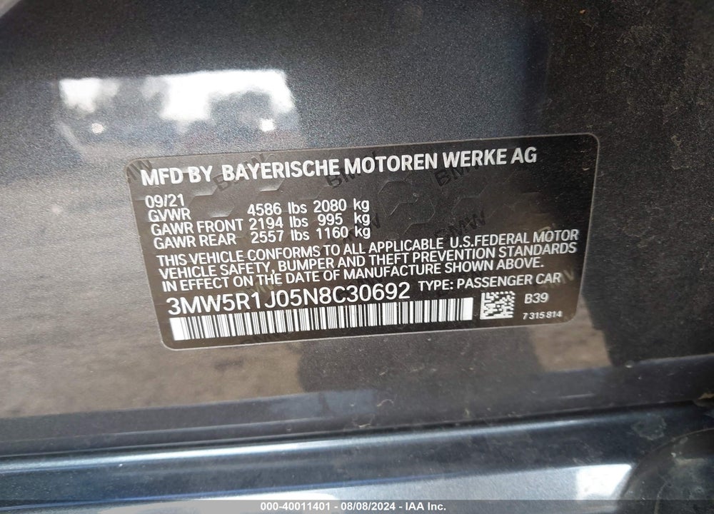 2022 BMW 330I VIN: 3MW5R1J05N8C30692