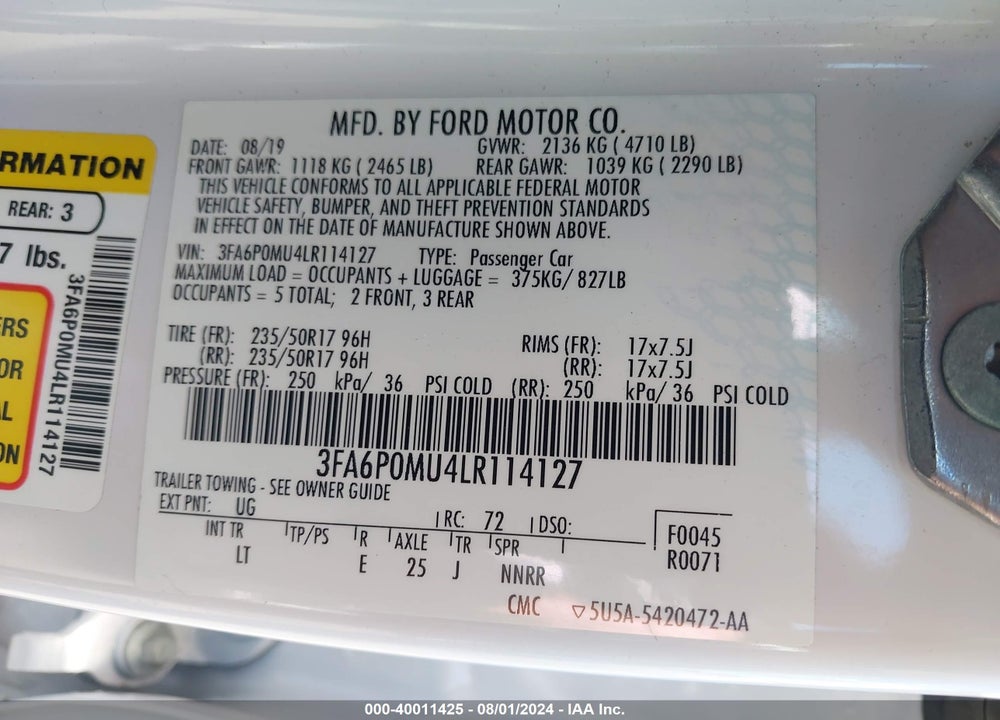2020 FORD FUSION HYBRID SEL VIN: 3FA6P0MU4LR114127