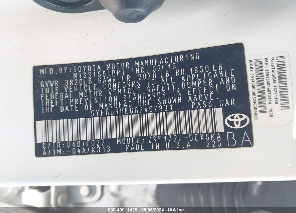 2016 TOYOTA COROLLA S PLUS VIN: 5YFBURHE6GP467831