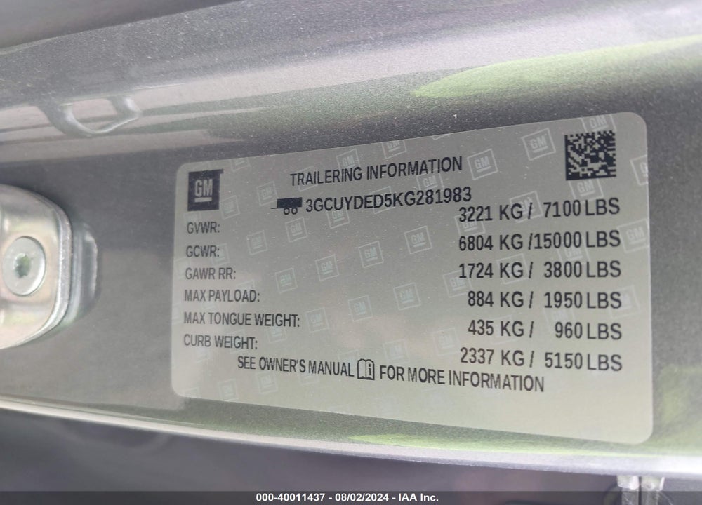 2019 CHEVROLET SILVERADO 1500 LT VIN: 3GCUYDED5KG281983