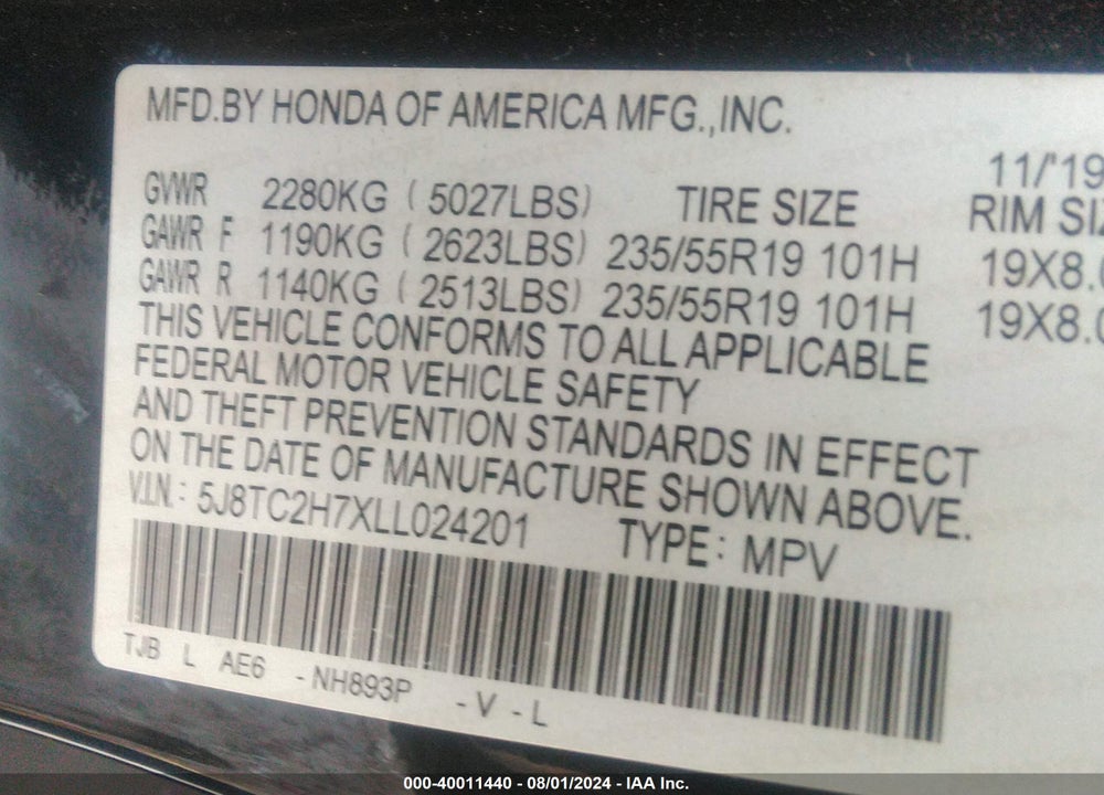 2020 ACURA RDX ADVANCE PACKAGE VIN: 5J8TC2H7XLL024201