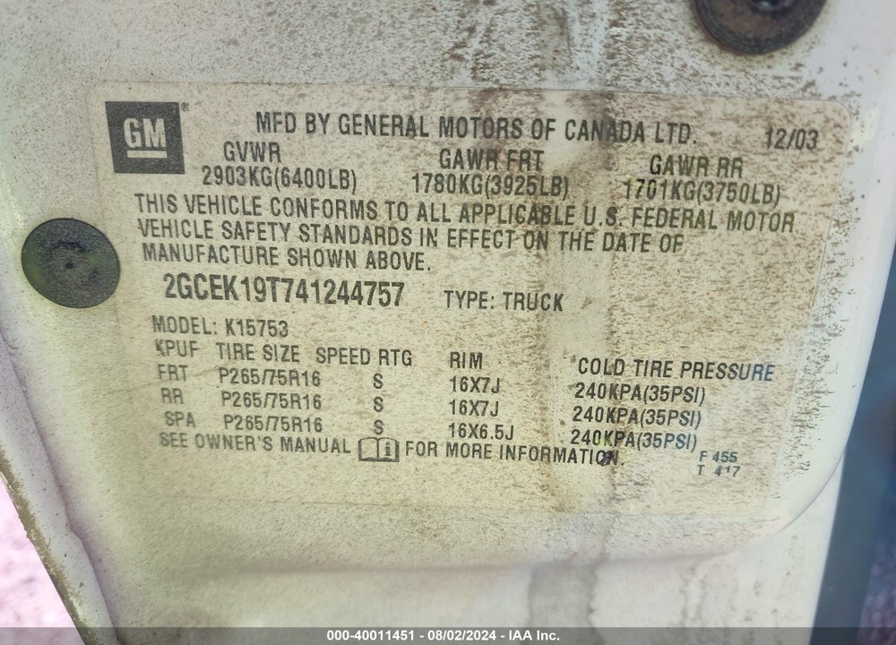 2004 CHEVROLET SILVERADO 1500 LS/LT/WORK TRUCK/Z71 VIN: 2GCEK19T741244757