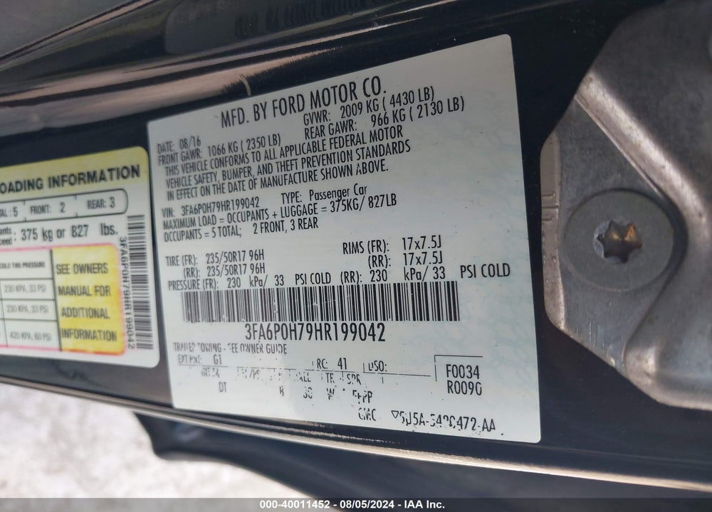 2017 FORD FUSION SE VIN: 3FA6P0H79HR199042