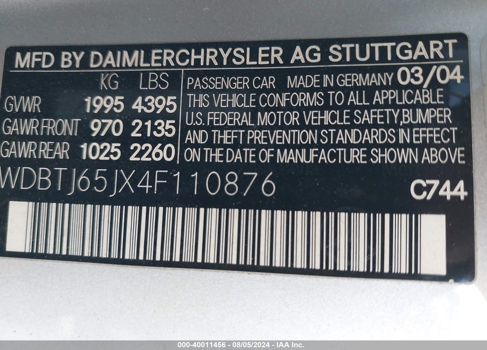 2004 MERCEDES-BENZ CLK 320 VIN: WDBTJ65JX4F110876