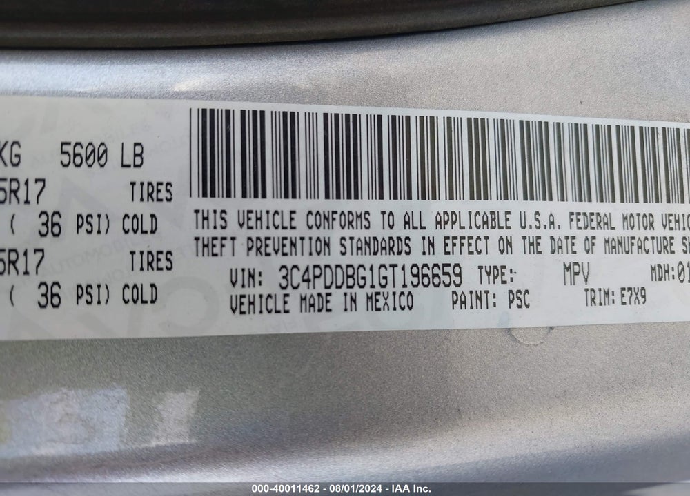 2016 DODGE JOURNEY SXT VIN: 3C4PDDBG1GT196659