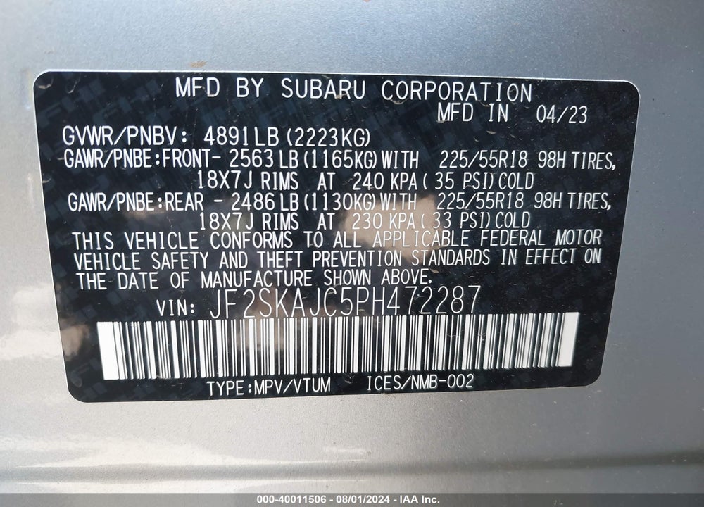 2023 SUBARU FORESTER SPORT VIN: JF2SKAJC5PH472287