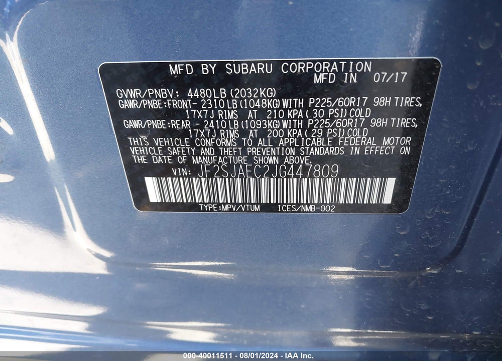 2018 SUBARU FORESTER 2.5I PREMIUM VIN: JF2SJAEC2JG447809