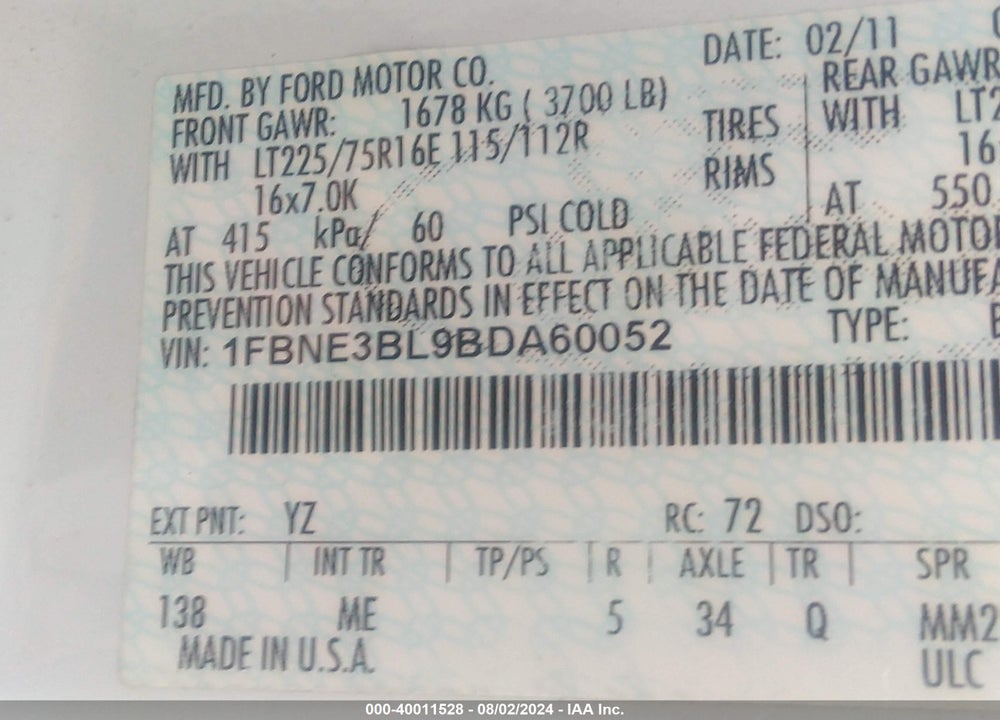 2011 FORD E-350 SUPER DUTY XLT VIN: 1FBNE3BL9BDA60052