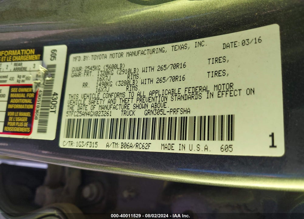 2016 TOYOTA TACOMA TRD OFF ROAD VIN: 5TFCZ5AN4GX023261