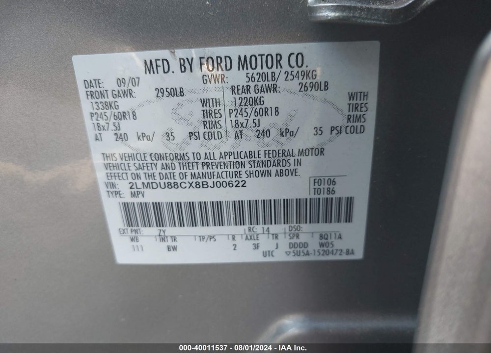 2008 LINCOLN MKX VIN: 2LMDU88CX8BJ00622