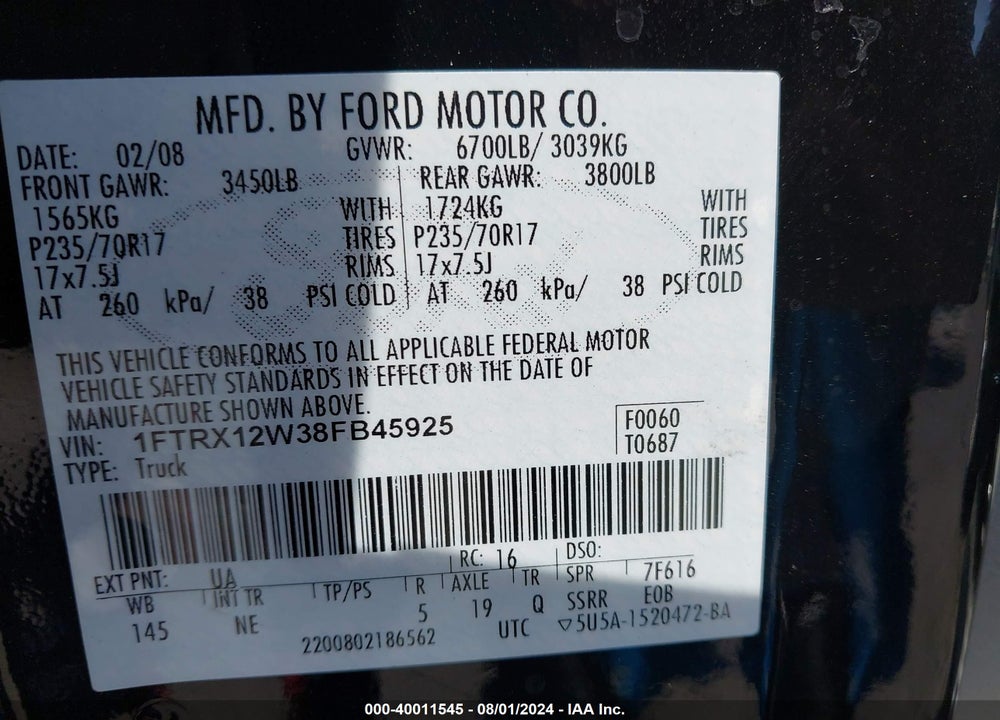 2008 FORD F-150 FX2/STX/XL/XLT VIN: 1FTRX12W38FB45925