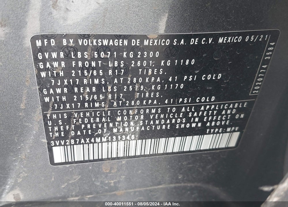 2021 VOLKSWAGEN TIGUAN 2.0T SE/2.0T SE R-LINE BLACK/2.0T SEL VIN: 3VV2B7AX4MM131346