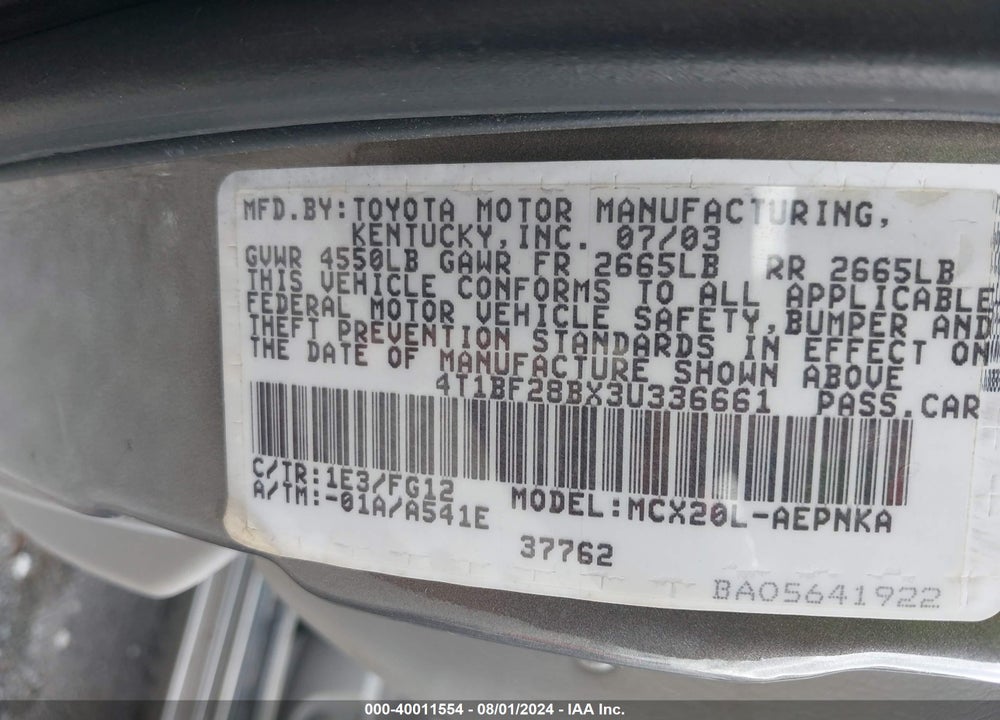 2003 TOYOTA AVALON XL VIN: 4T1BF28BX3U336661