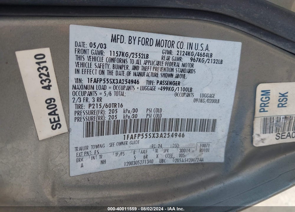 2003 FORD TAURUS SES VIN: 1FAFP55SX3A254946