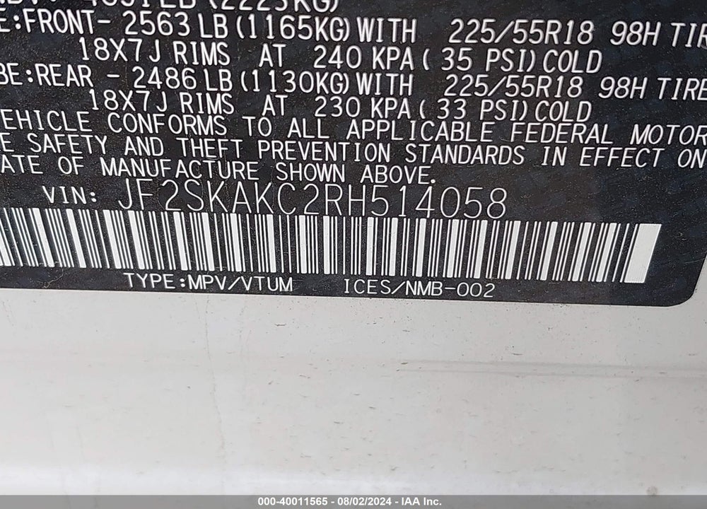 2024 SUBARU FORESTER LIMITED VIN: JF2SKAKC2RH514058