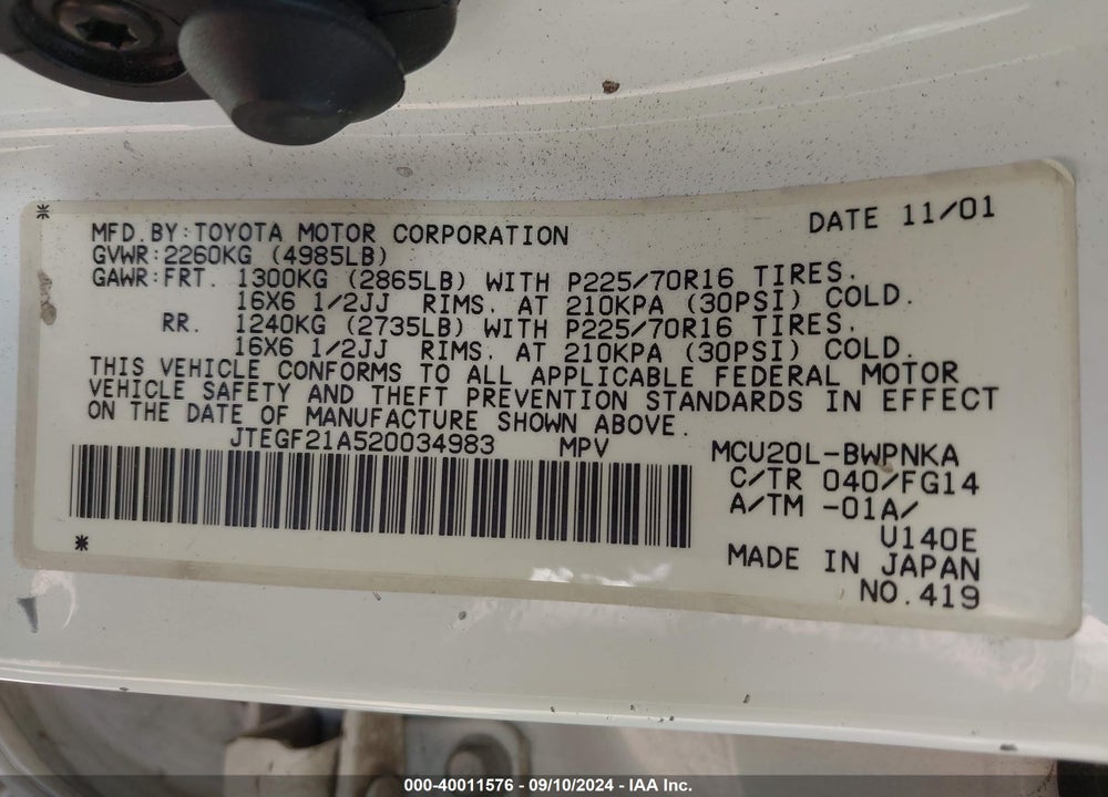 2002 TOYOTA HIGHLANDER V6 VIN: JTEGF21A520034983