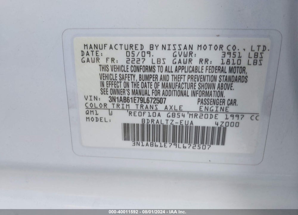 2009 NISSAN SENTRA 2.0SR VIN: 3N1AB61E79L672507