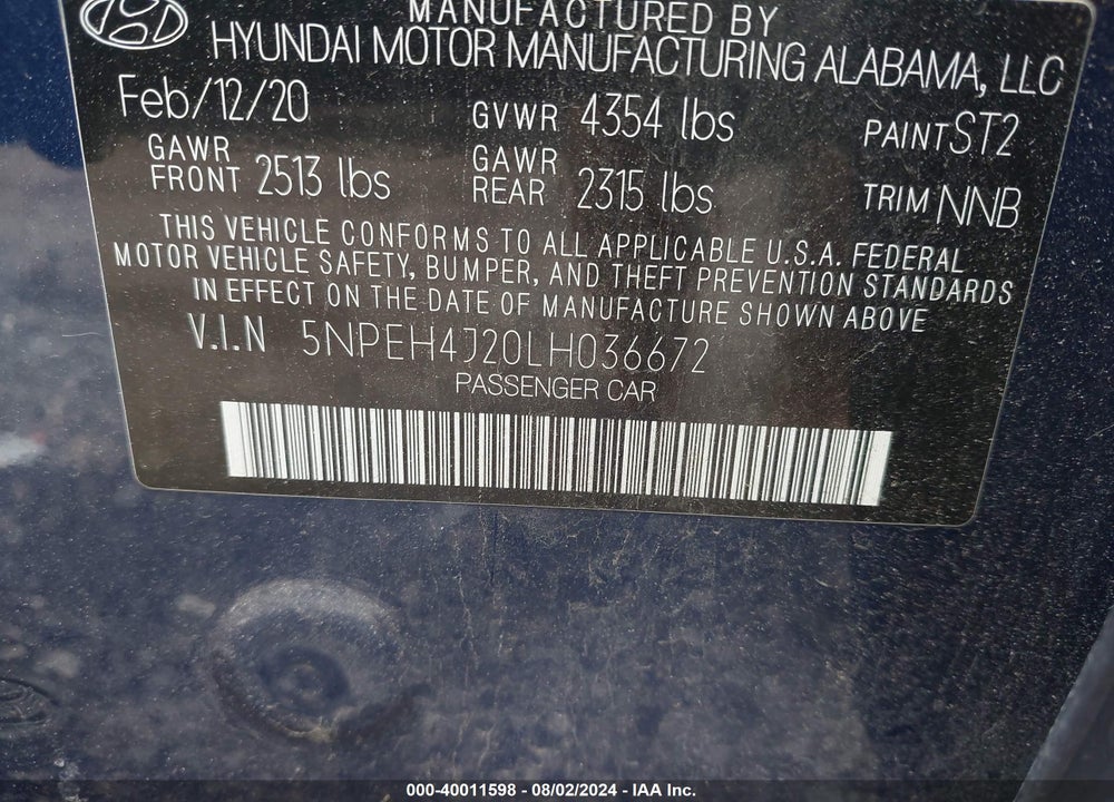 2020 HYUNDAI SONATA LIMITED VIN: 5NPEH4J20LH036672