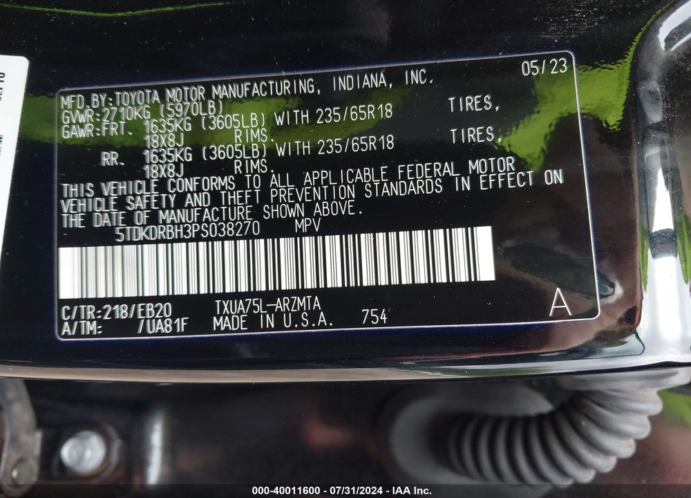 2023 TOYOTA HIGHLANDER XLE VIN: 5TDKDRBH3PS038270