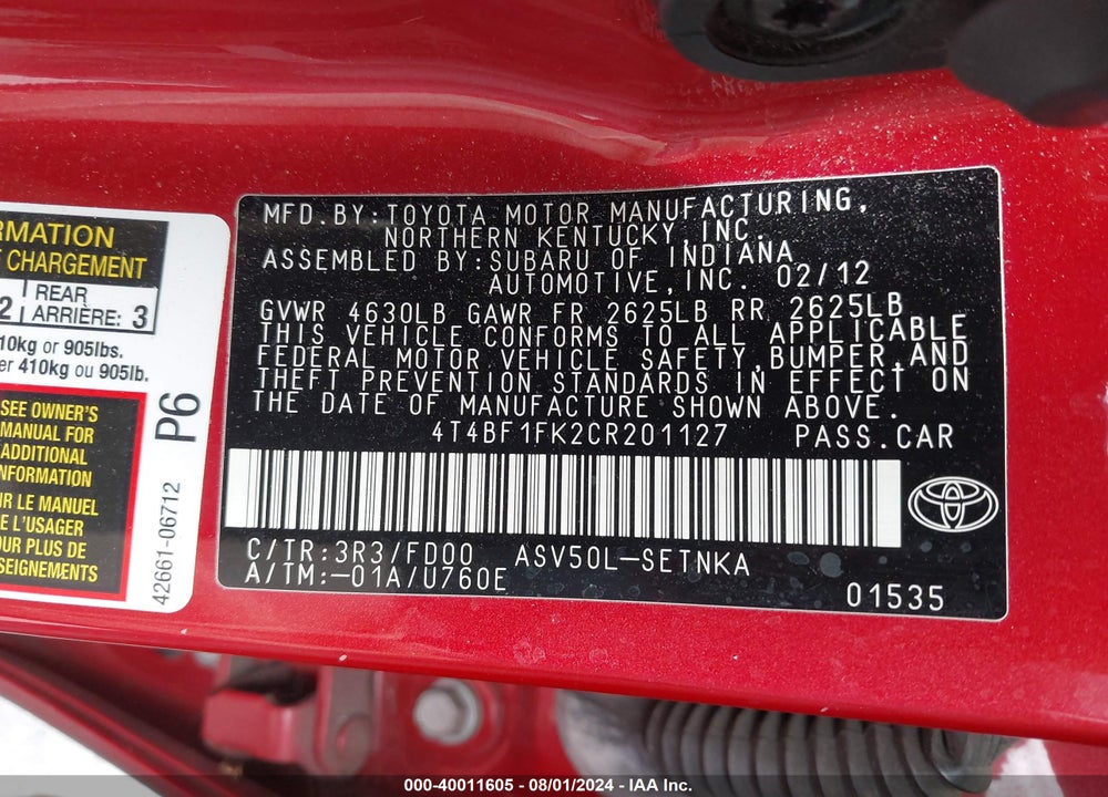 2012 TOYOTA CAMRY LE VIN: 4T4BF1FK2CR201127