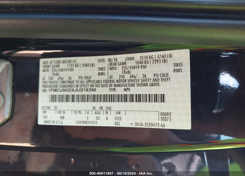 2018 FORD ESCAPE SE VIN: 1FMCU9GDXJUD18390