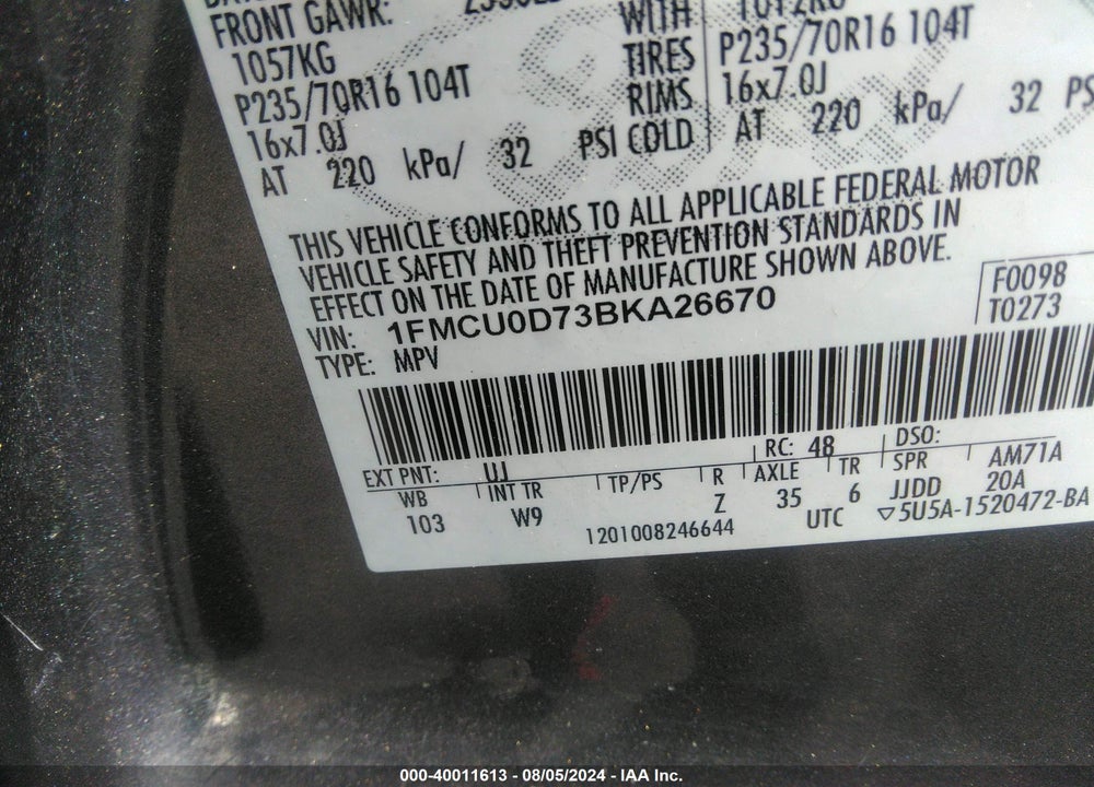 2011 FORD ESCAPE XLT VIN: 1FMCU0D73BKA26670