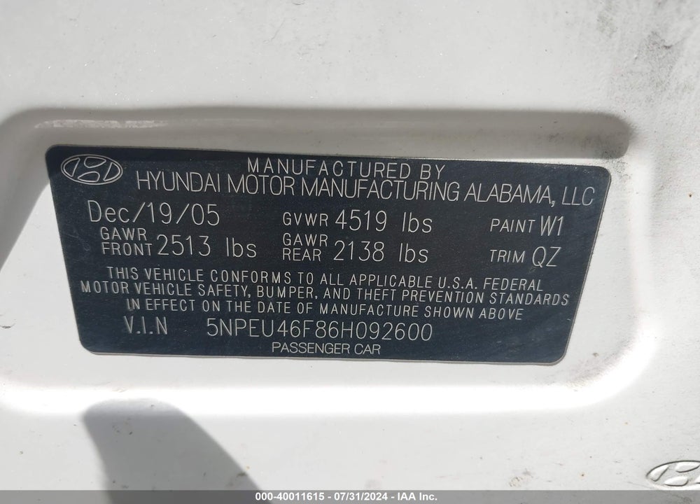 2006 HYUNDAI SONATA GLS V6/LX V6 VIN: 5NPEU46F86H092600