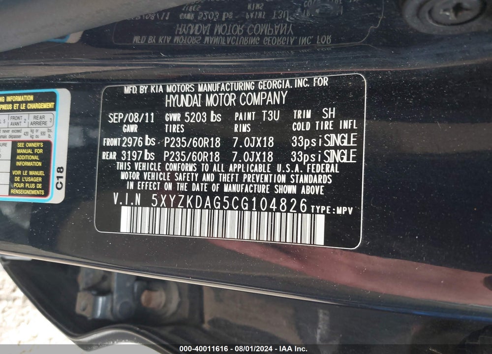 2012 HYUNDAI SANTA FE LIMITED V6 VIN: 5XYZKDAG5CG104826