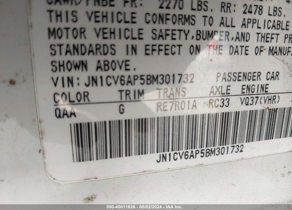 2011 INFINITI G37 JOURNEY VIN: JN1CV6AP5BM301732
