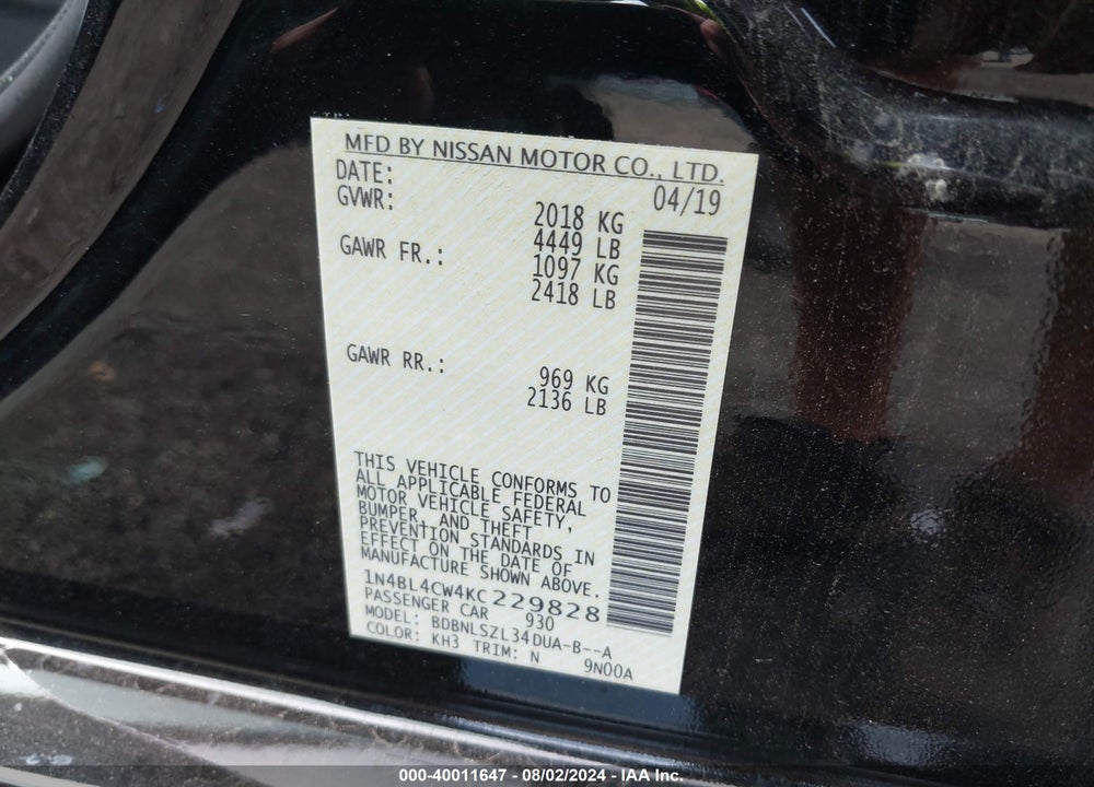 2019 NISSAN ALTIMA 2.5 SR VIN: 1N4BL4CW4KC229828