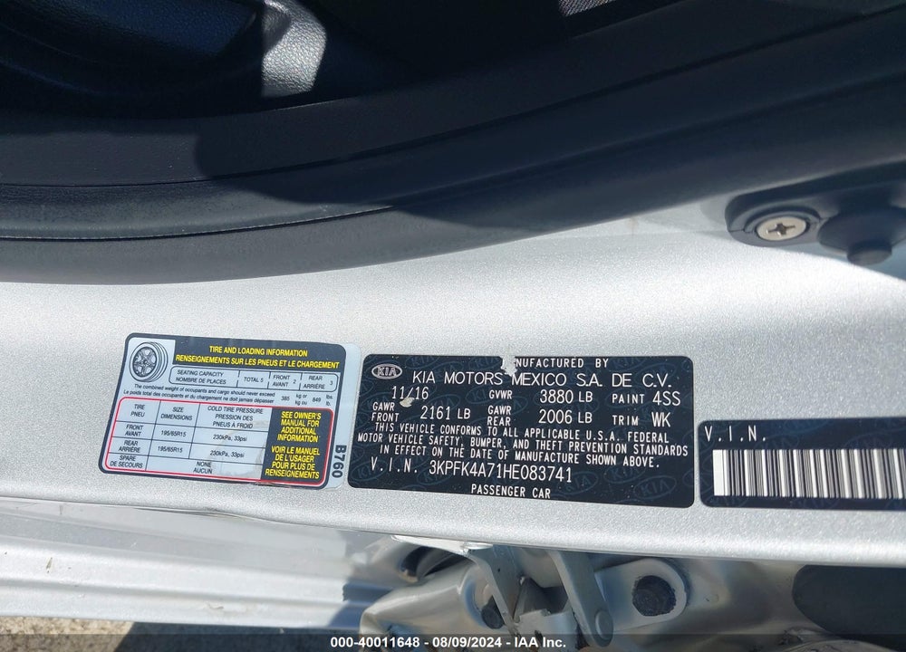 2017 KIA FORTE LX VIN: 3KPFK4A71HE083741