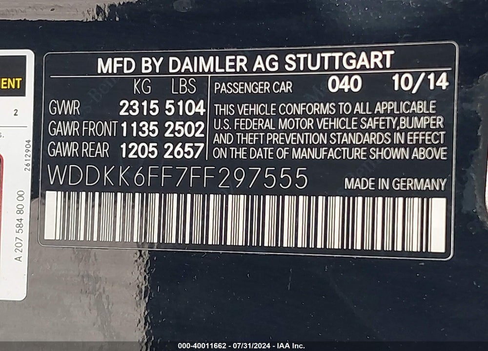 2015 MERCEDES-BENZ E 400 VIN: WDDKK6FF7FF297555