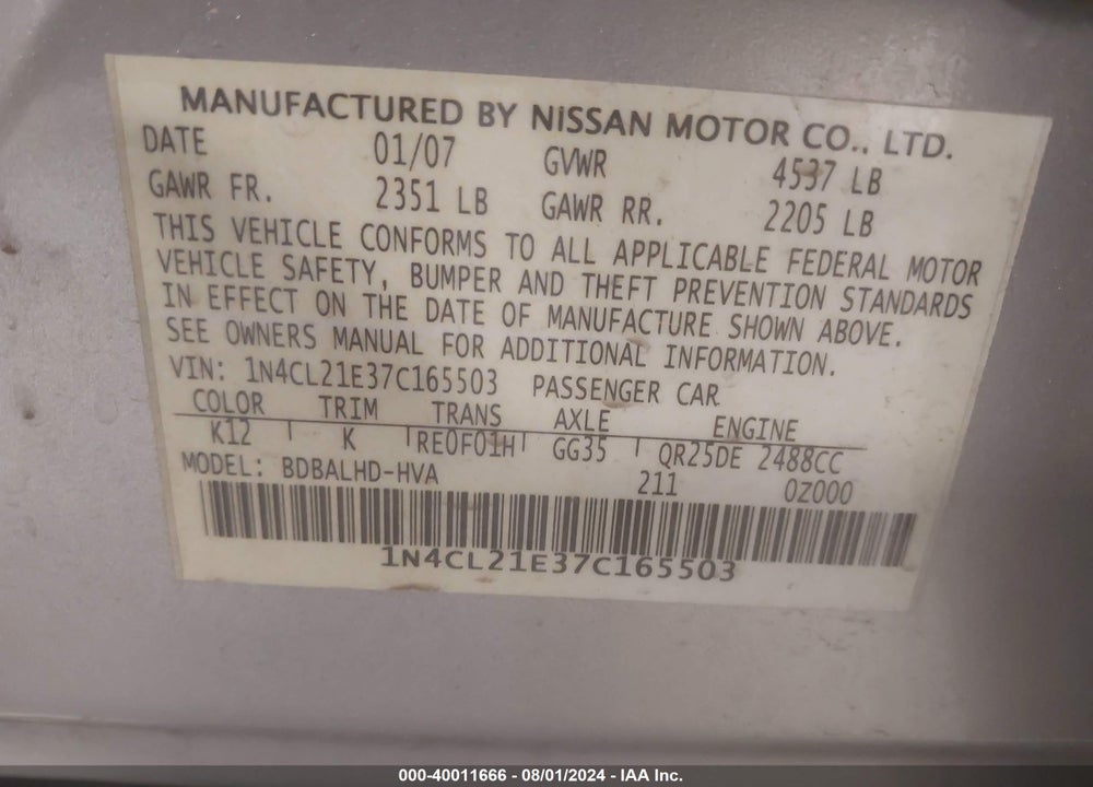 2007 NISSAN ALTIMA HYBRID VIN: 1N4CL21E37C165503