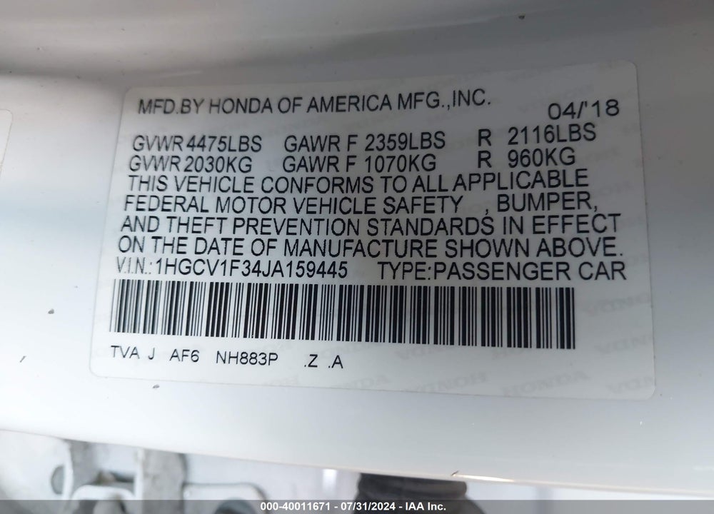 2018 HONDA ACCORD SPORT VIN: 1HGCV1F34JA159445