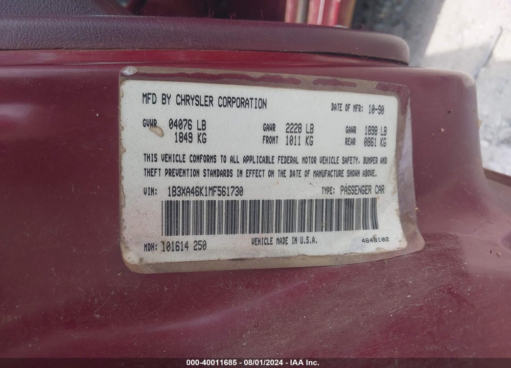 1991 DODGE SPIRIT VIN: 1B3XA46K1MF561730