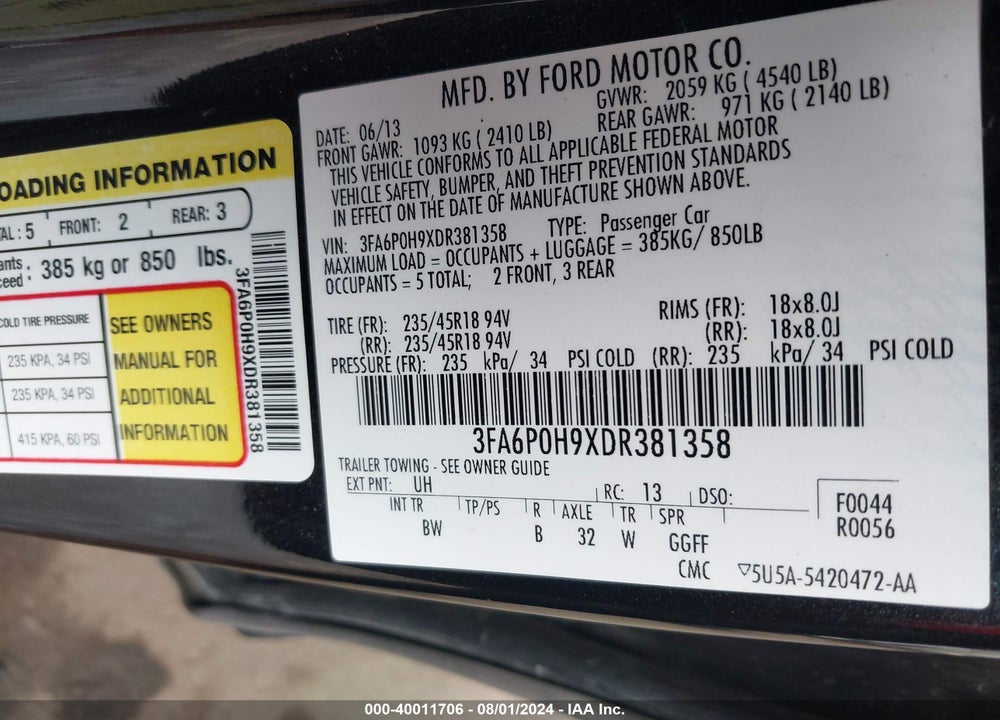 2013 FORD FUSION SE VIN: 3FA6P0H9XDR381358
