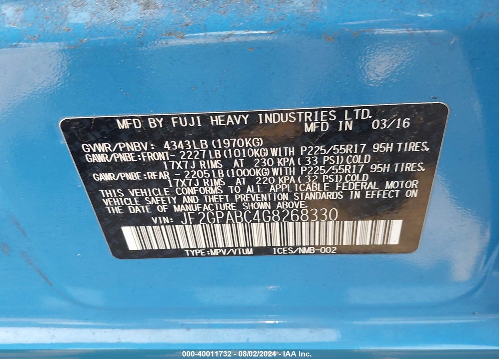 2016 SUBARU CROSSTREK 2.0I PREMIUM VIN: JF2GPABC4G8268330