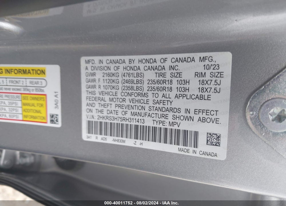 2024 HONDA CR-V EX-L 2WD VIN: 2HKRS3H75RH311413