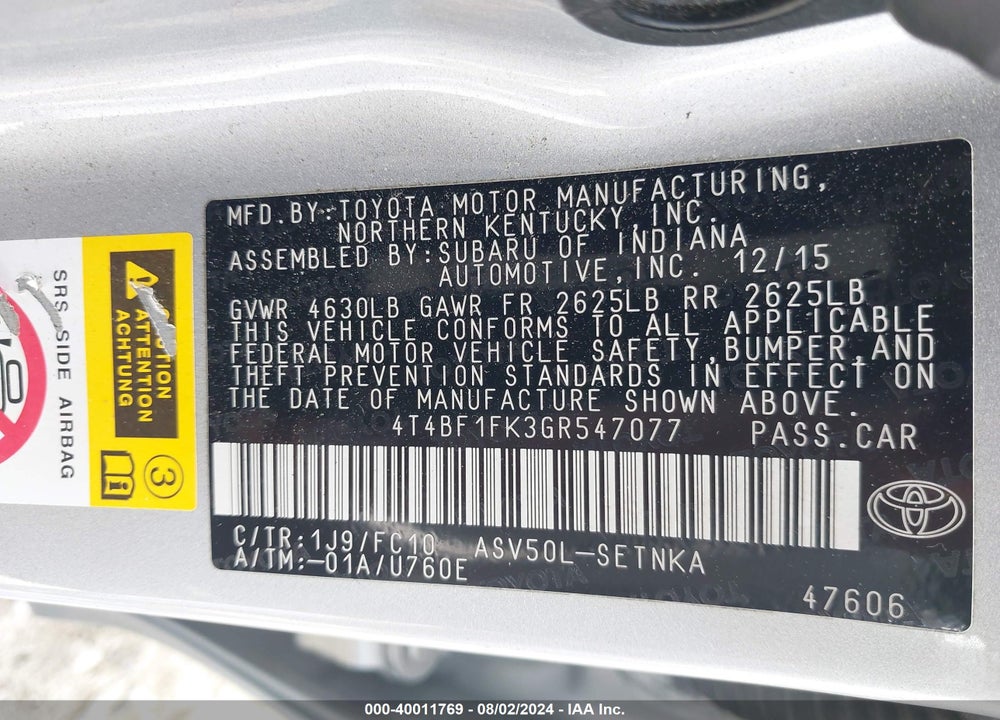 2016 TOYOTA CAMRY LE VIN: 4T4BF1FK3GR547077
