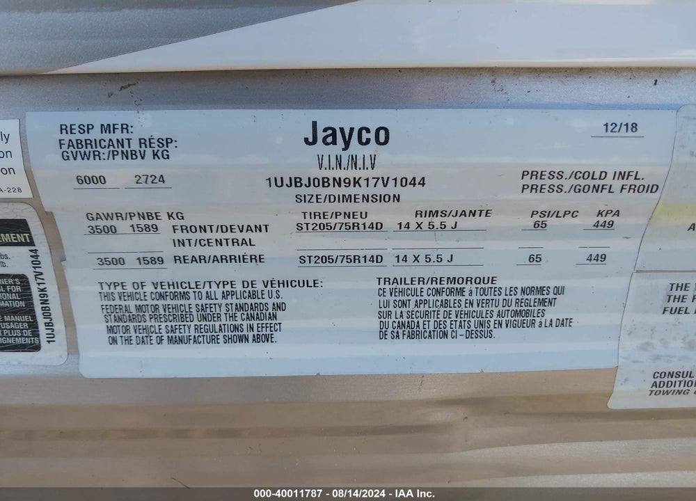 2019 JAYCO OTHER VIN: 1UJBJ0BN9K17V1044