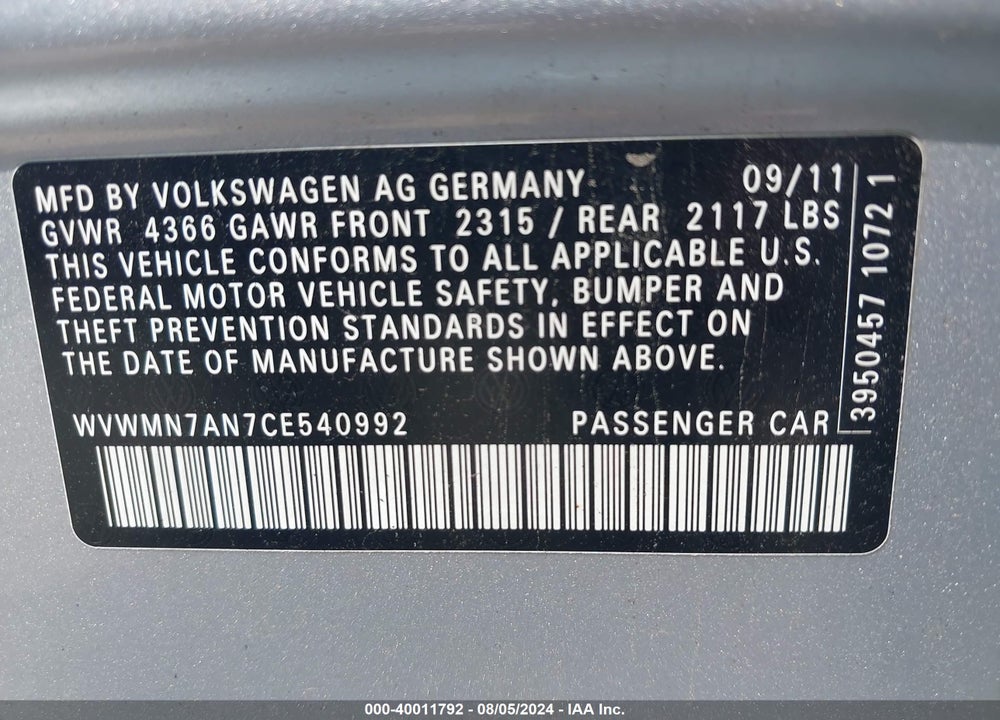 2012 VOLKSWAGEN CC VIN: WVWMN7AN7CE540992