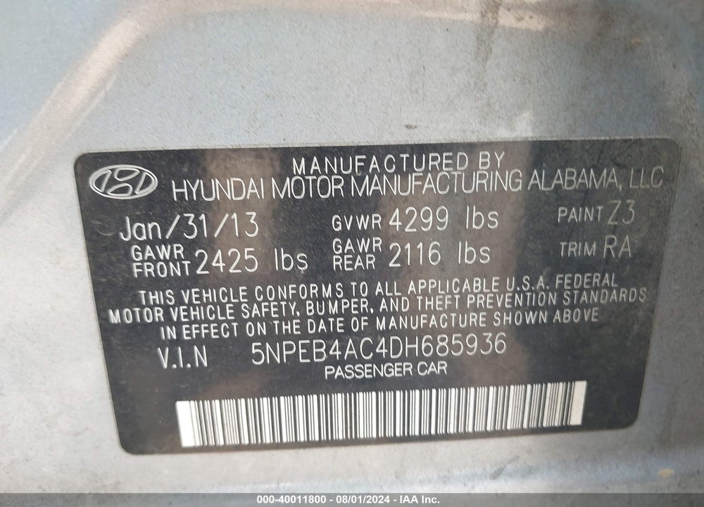 2013 HYUNDAI SONATA GLS VIN: 5NPEB4AC4DH685936