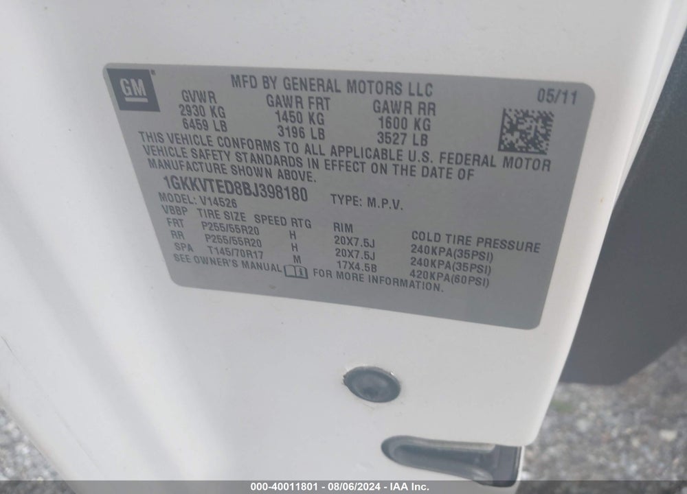 2011 GMC ACADIA DENALI VIN: 1GKKVTED8BJ398180