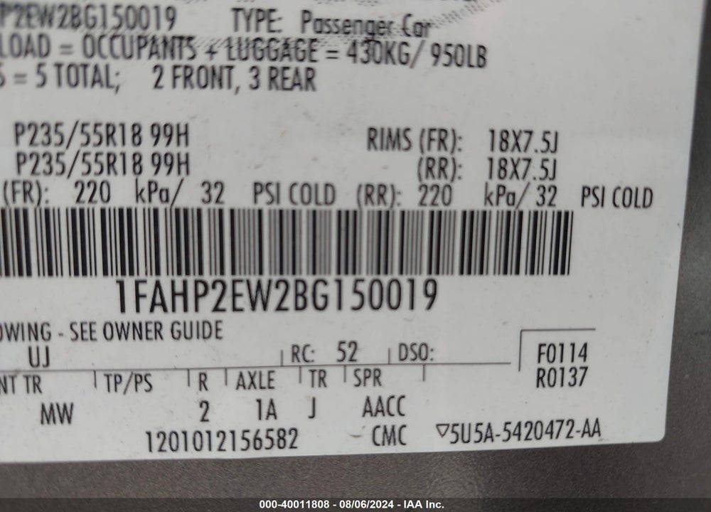 2011 FORD TAURUS SEL VIN: 1FAHP2EW2BG150019