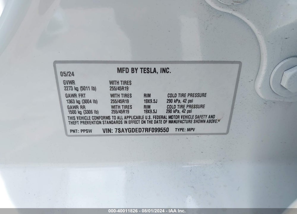 2024 TESLA MODEL Y VIN: 7SAYGDED7RF099550