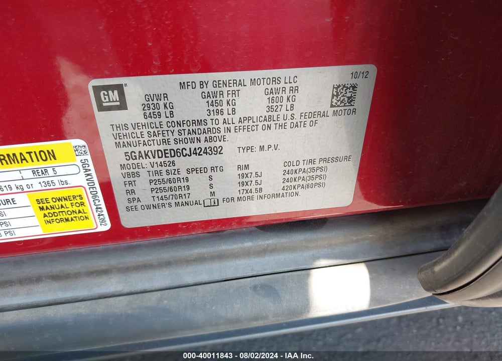 2012 BUICK ENCLAVE PREMIUM VIN: 5GAKVDED6CJ424392