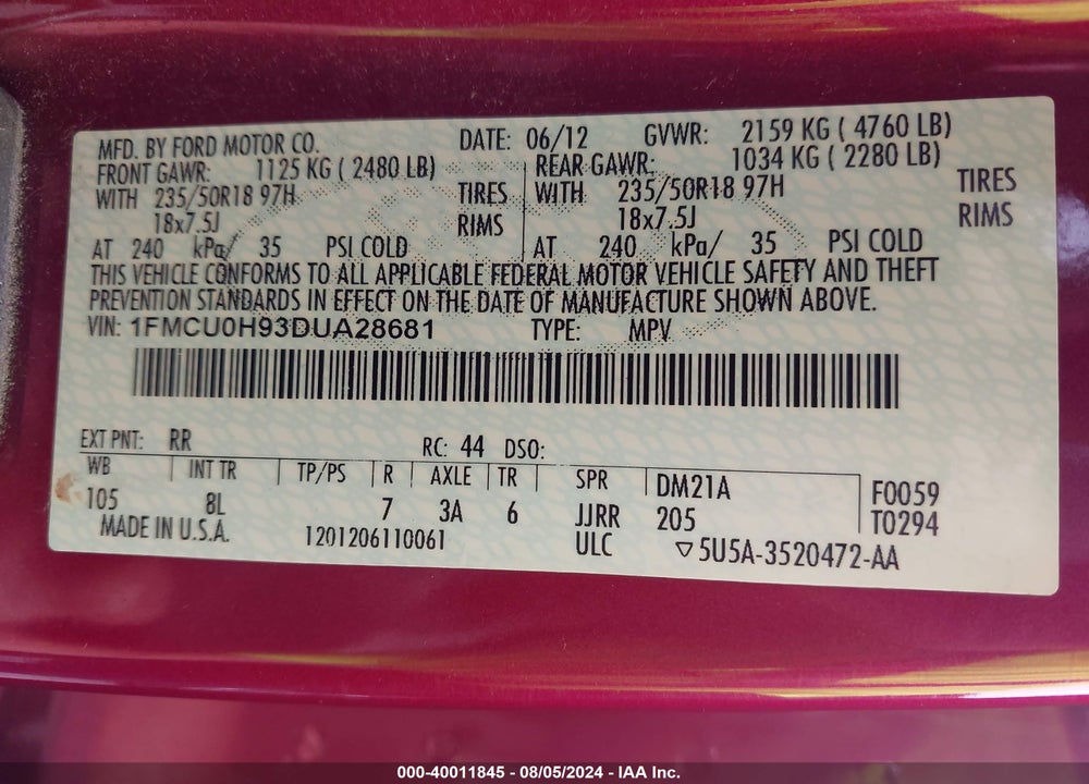 2013 FORD ESCAPE SEL VIN: 1FMCU0H93DUA28681